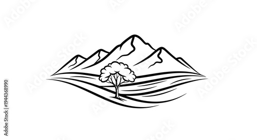 Minimalist Line Art of Mountains and a Tree on Isolated White Background
