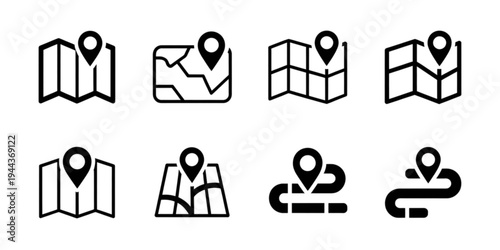 Various icons representing map locations and navigation paths Vector