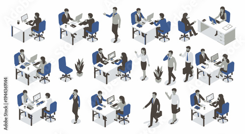 Set of Isometric Office Workers Actively Working at Desks in a Collaborative Office Environment