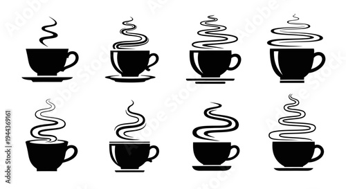 Eight distinct black silhouette coffee cups with artistic steam designs, elegant and stylized hot beverage icons for menus