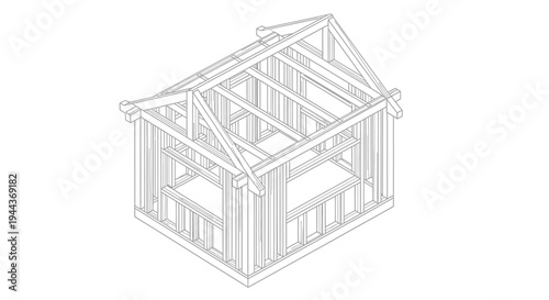 Isometric Wooden House Frame Construction Structure on Isolated White Background