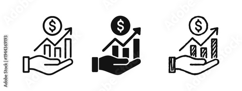 Financial Growth Icons. Hand Holding Money Chart with Upward Arrow, Investment and Profit Symbols.