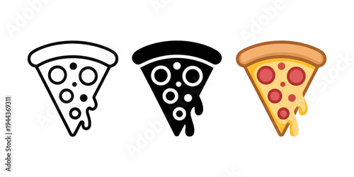 Three different types of pizza slices with various toppings and styles Vector