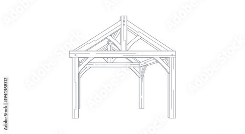 Outline Drawing of a Wooden Gazebo Structure on Isolated White Background