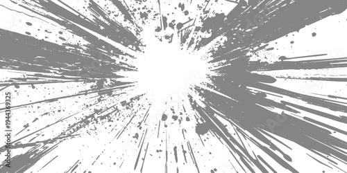 Abstract radial explosion with ink splatter lines bursting from the center, high-contrast black and white, dynamic motion, vintage grunge texture vector illustration, minimalist background.