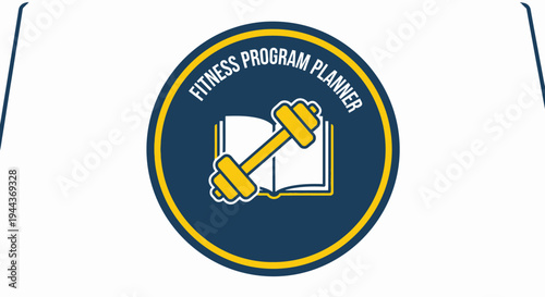 Fitness Program Planner Badge with Dumbbell and Open Book on Isolated White Background