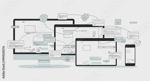 Responsive Web Design Concept with Laptop, Tablet, and Smartphone Devices on a Light Grey Background