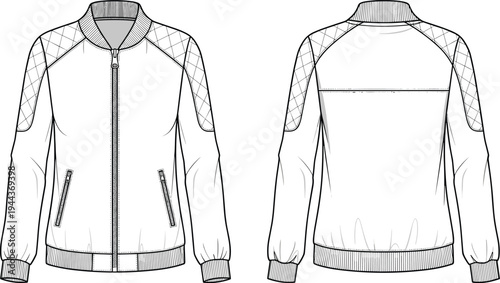 Bomber Jacket Technical Sketch Flat Vector Illustration with Quilted Raglan Sleeves Ribbed Trim Zipper Pockets Front and Back View CAD Drawing