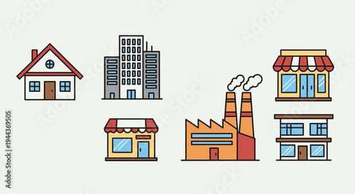 Set of Colorful Isometric Building Icons Representing House, Apartment, Shop, and Factory on a Light Gray-Green Background