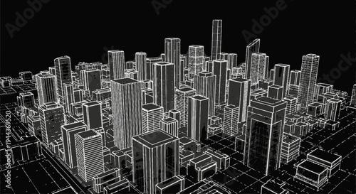 Isometric Wireframe Cityscape with Dense Urban Buildings and Streets on a Dark Background