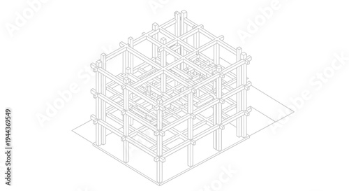 Isometric Wireframe Building Skeletal Structure Illustrating Early Construction Phase on Isolated White Background