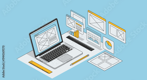 UI UX Design Process with Laptop and Web Layout Elements on Light Blue Background