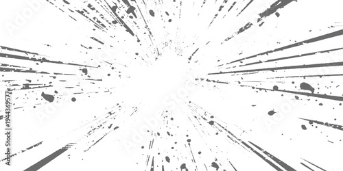 Abstract radial explosion with ink splatter lines bursting from the center, high-contrast black and white, dynamic motion, vintage grunge texture vector illustration, minimalist background.