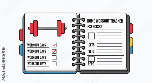 Home Workout Tracker Notebook with Dumbbell Icon and Exercise Plan on Isolated White Background