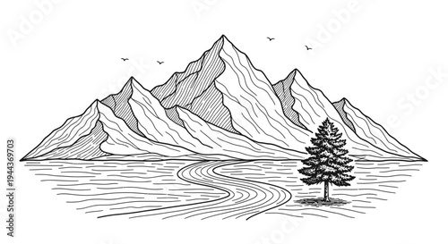 Mountain landscape with winding road and pine tree, natural outdoor setting