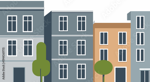 Row of colorful townhouses and residential buildings, bright studio background