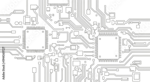 Circuit board diagram with microchips and electronic components, isolated white background
