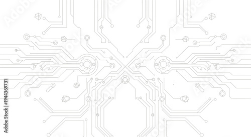 Symmetrical circuit board pattern with electronic traces and central core design, illustrating digital technology pathways, isolated white background.
