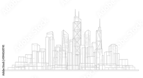 Outline drawing of a modern city skyline with tall skyscrapers and urban buildings, representing a bustling metropolis, isolated white background.