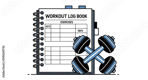 Open workout log book with exercise tracking page and dumbbells, representing fitness planning and healthy lifestyle, isolated white background.