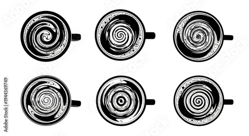 Six overhead views of coffee cups with swirling foam or latte art, black and white artistic beverage designs for cafe branding
