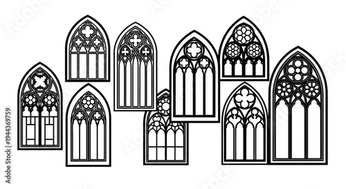 Collection of ornate gothic arched windows with intricate patterns, showcasing historical architectural details, isolated white background.