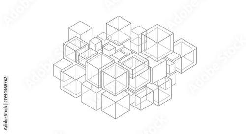Abstract composition of connected wireframe cubes forming a complex geometric structure, isolated white background.