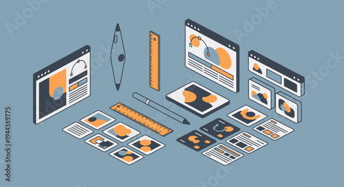 Isometric UI UX design workspace with various tools, screens, and interfaces, depicting creative digital development on a light blue background.