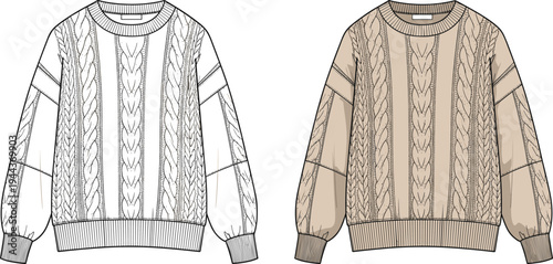 Oversized cable knit crewneck sweater set, CAD drawing flat vector illustration, winter pullover fashion technical sketch, cozy knitwear garment apparel design template.