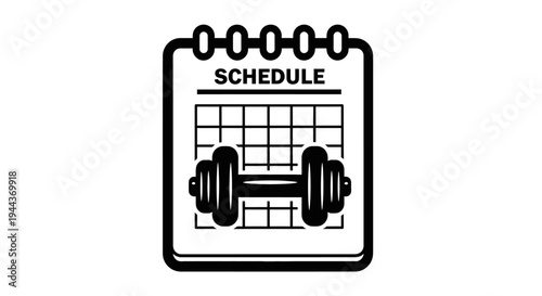 Black and white icon of a calendar with 'SCHEDULE' and a dumbbell, representing a fitness workout plan or gym routine.