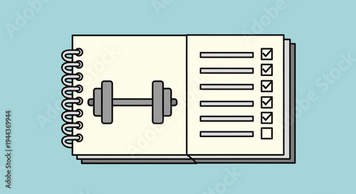 Illustration of a spiral-bound notebook with a dumbbell on one page and a fitness checklist on the other, symbolizing health tracking and personal goals.