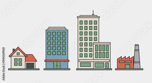 Simple colorful city buildings illustration featuring a house, modern office buildings, and a factory, on a light grey background.