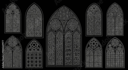 Collection of intricate gothic arch windows with detailed tracery designs against a dark background, showcasing various medieval architectural styles.