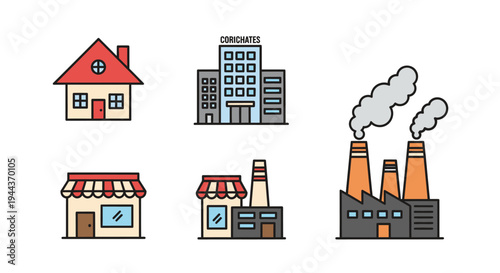 Collection of colorful vector icons depicting various types of buildings including residential homes, commercial offices, retail shops, and industrial factories with smoking chimneys.