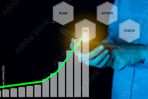 Close-up, Business woman using smart phone to Plan, Do, Action, Check, (PDAC) to Cicle loop of business working. double exposure or overlay.