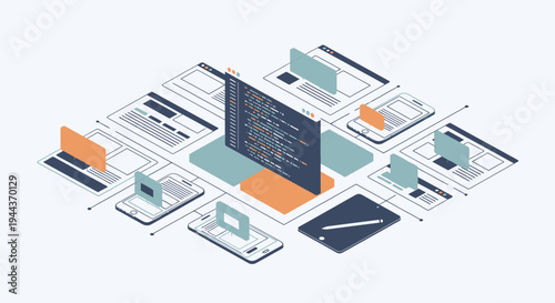 Isometric illustration of software development and responsive web design across multiple digital devices and platforms.