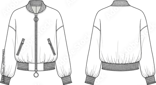 Women's bomber jacket front and back view, CAD drawing flat vector illustration, fashion technical sketch, casual outerwear zip up apparel design template.