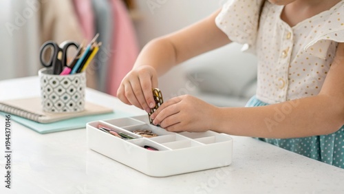Child organizing office supplies in a white desk organizer on a clean, modern workspace.