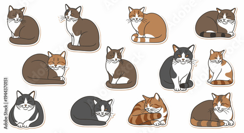 A charming collection of eleven cartoon cats in various poses and fur colors, including sitting, sleeping, and looking forward, depicted in a clean, illustrative style.