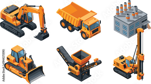 Industrial construction machinery set with excavator dump truck bulldozer drilling rig conveyor system and factory building for engineering industry work