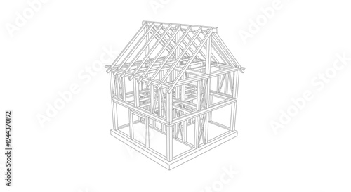 Architectural wireframe drawing illustrating the timber frame construction of a two-story house with a detailed roof structure.