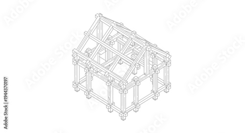 Wireframe isometric view of a simple house structure, showing the basic architectural framework and roof trusses.
