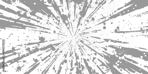 Abstract radial explosion with ink splatter lines bursting from the center, high-contrast black and white, dynamic motion, vintage grunge texture vector illustration, minimalist background.