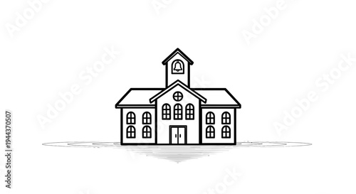 Simple Line Drawing of a School Building with Bell Tower and Windows
