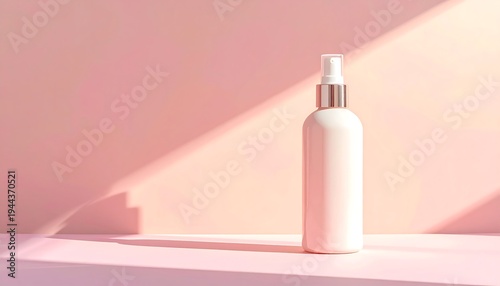 Minimal white cosmetic bottle with pump on pastel pink background with soft shadows and diagonal sunlight