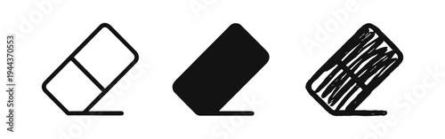 Eraser or Rubber Icon Set - School, Office, and Art Supplies Symbol in Outline, Solid, and Doodle Styles.