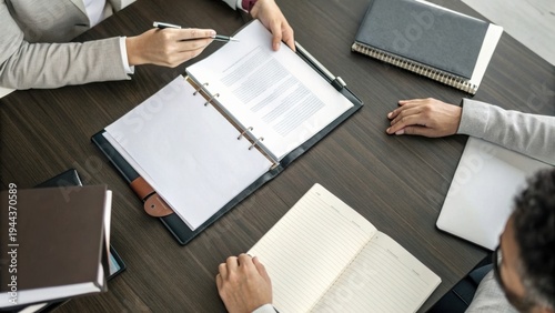Business professionals reviewing and discussing documents in a meeting around a wooden table with notebooks and a laptop.