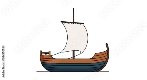 Viking Ship Illustration - Ancient Nordic Wooden Boat with Sail
