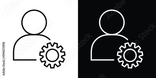 User profile outline paired with a gear setting symbol. Represents account management, user settings, profile customization, and technical support. Versatile black and white vector icon.