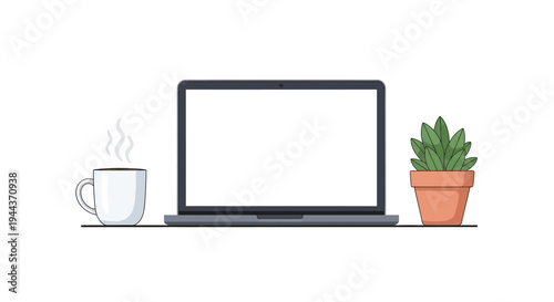 Laptop computer with blank screen, coffee mug and potted plant on white background